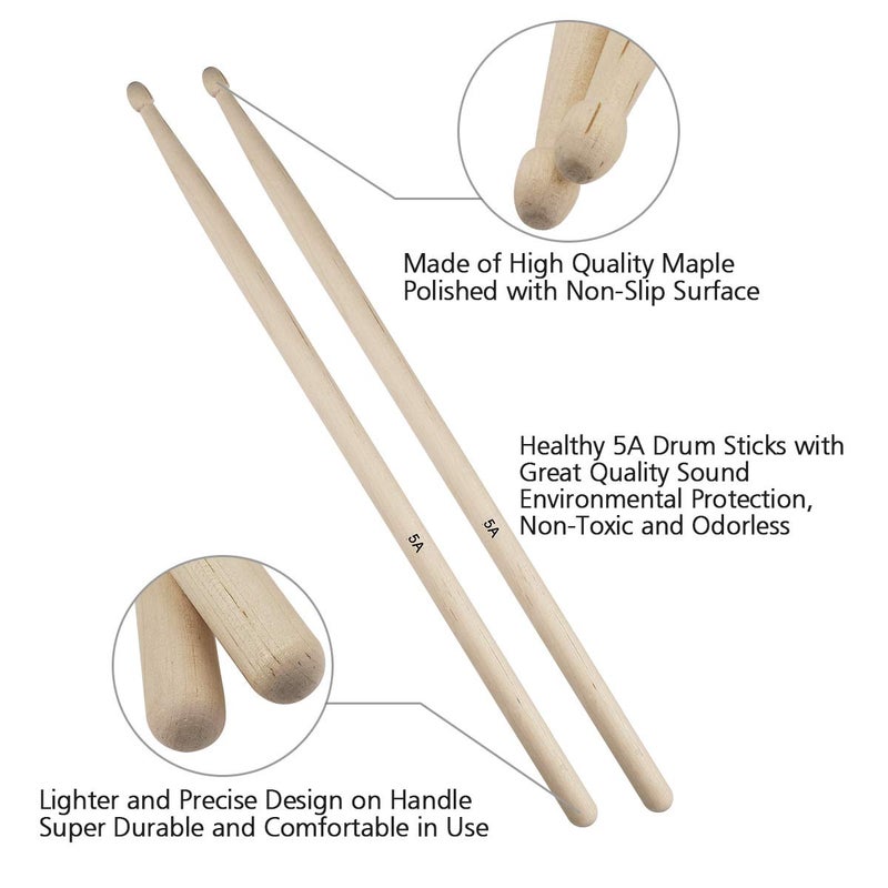 Eison Drum Sticks Set,Eison 5A Maple Wood Drum Sticks,Drum Rods Brushes,Retractable Drum Wire Brushes,12PCS Drum Dampeners with Portable Bag,Drumsticks Gift Sets for Beginner Adults Drummer Practice - Image 2
